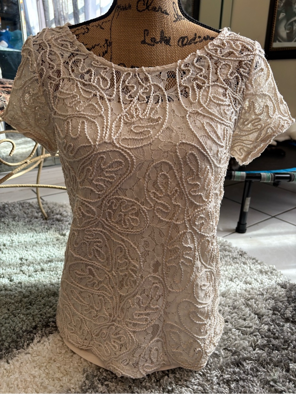 Rafaella Cream Lace Beaded Short-Sleeve Top